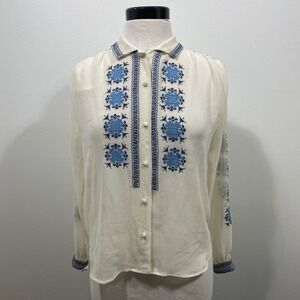 Korovilas Anthro Sheer Embroidered Blouse Bohemian Top‎ Blue Floral Button Down
